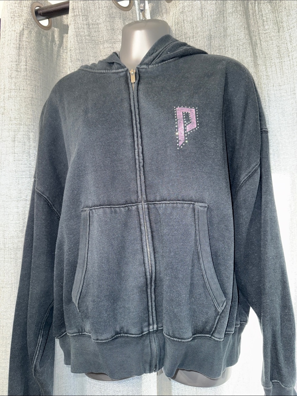 Blue Zip-Up Hoodie with Pink 'P' Accent